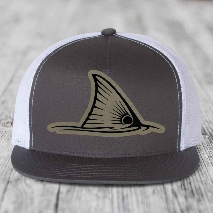 Redfish Tail - Leather Patch Hat - Light Brown to Black Patch - Yupoong 6006 Snapback Flatbill Hat