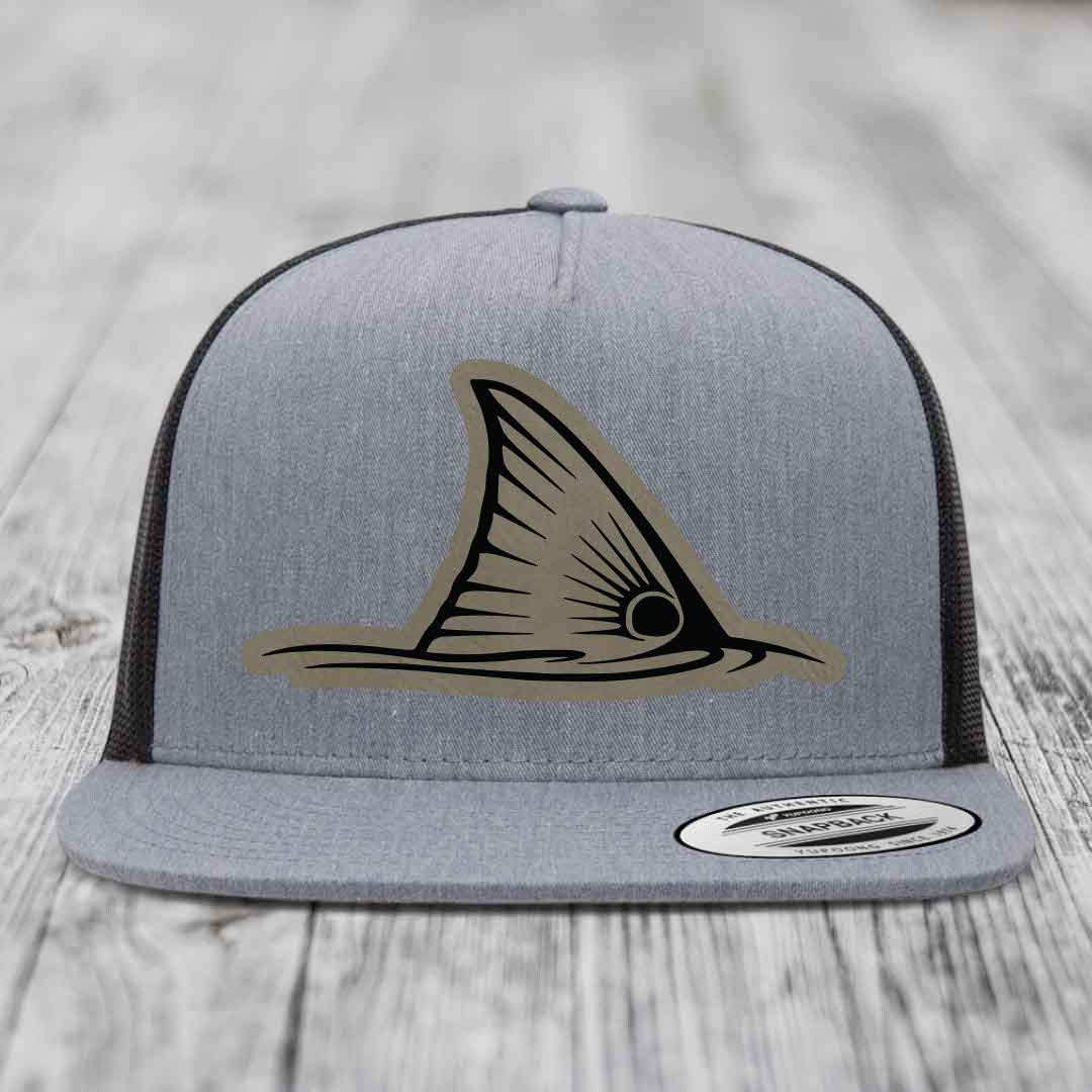 Redfish Tail - Leather Patch Hat - Light Brown to Black Patch - Yupoong 6006 Snapback Flatbill Hat