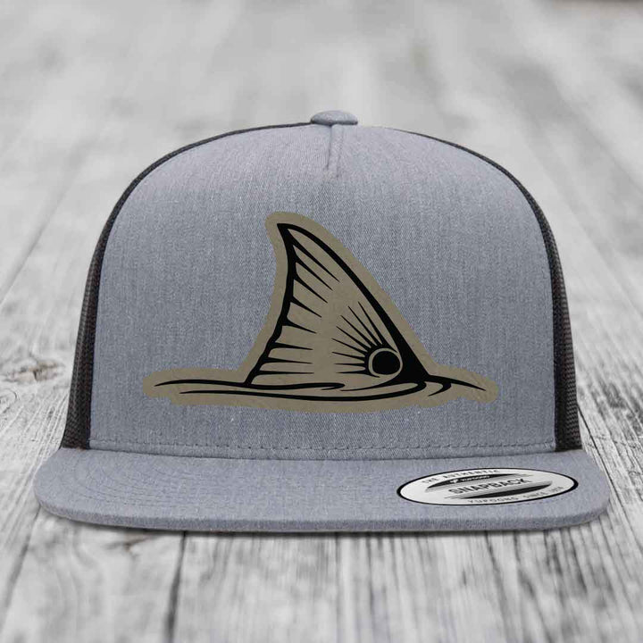 Redfish Tail - Leather Patch Hat - Light Brown to Black Patch - Yupoong 6006 Snapback Flatbill Hat