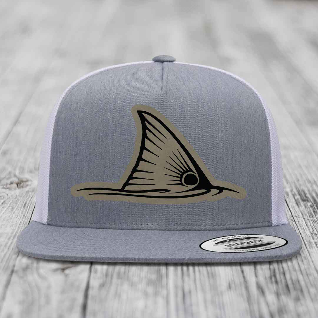 Redfish Tail - Leather Patch Hat - Light Brown to Black Patch - Yupoong 6006 Snapback Flatbill Hat