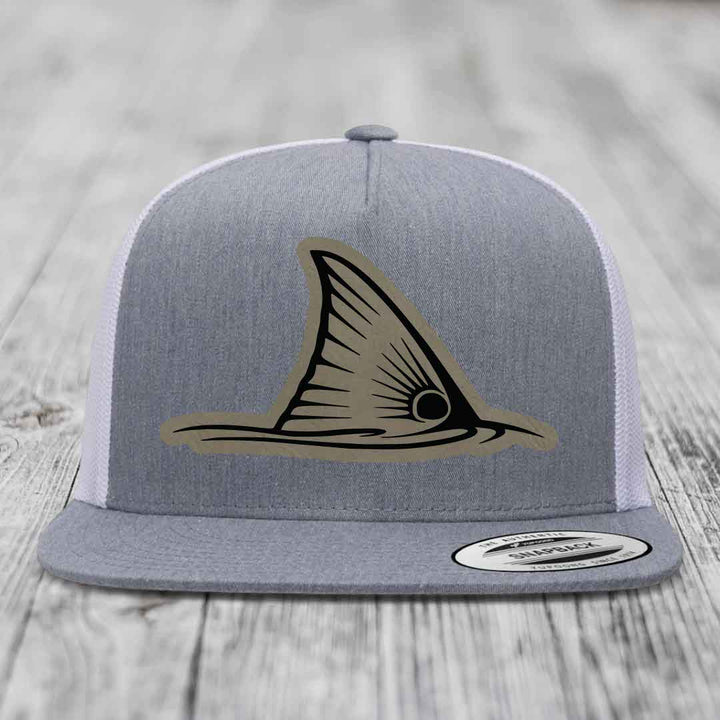 Redfish Tail - Leather Patch Hat - Light Brown to Black Patch - Yupoong 6006 Snapback Flatbill Hat