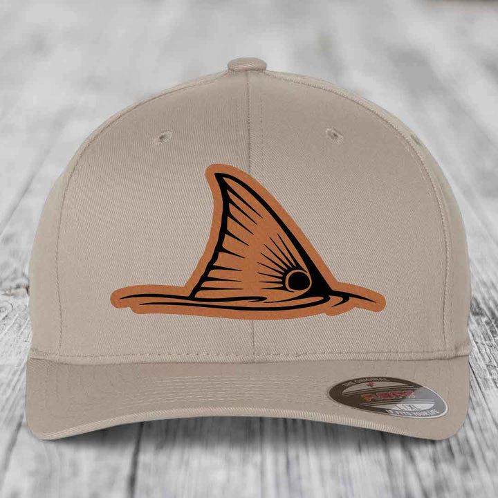 Redfish Tail - Leather Patch Hat - Rawhide to Black Patch - Flexfit 6277 Fitted Hat