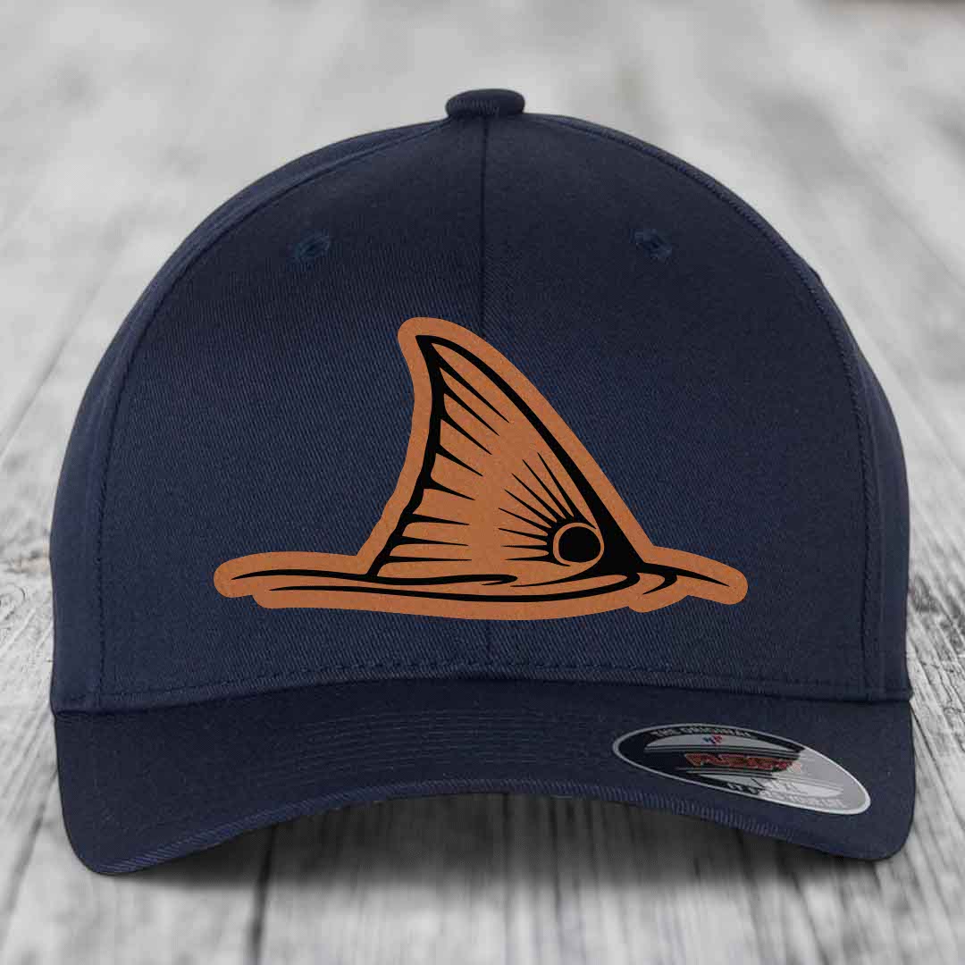 Redfish Tail - Leather Patch Hat - Rawhide to Black Patch - Flexfit 6277 Fitted Hat