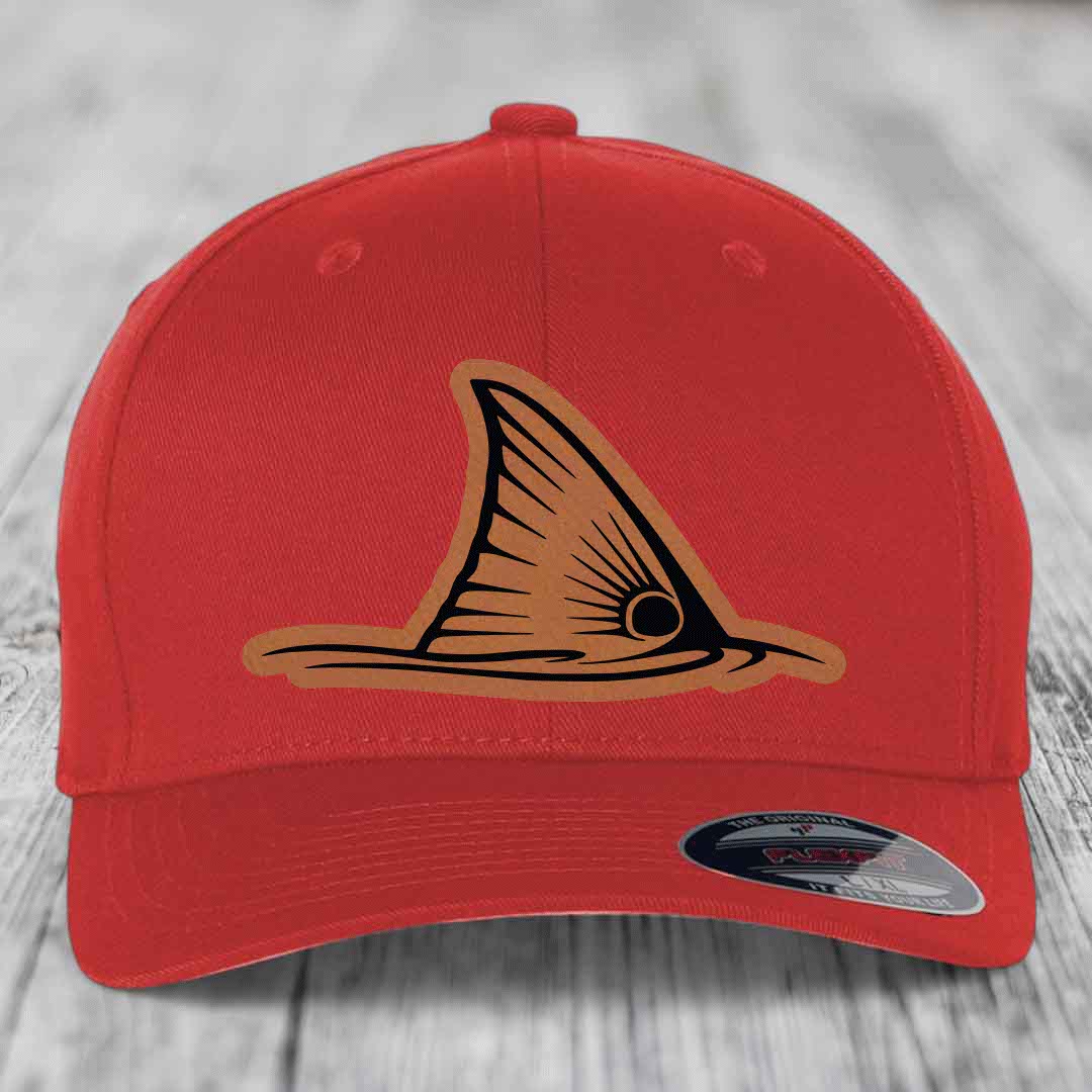 Redfish Tail - Leather Patch Hat - Rawhide to Black Patch - Flexfit 6277 Fitted Hat