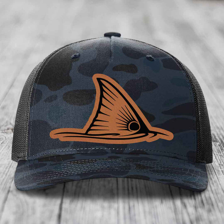 Redfish Tail - Leather Patch Hat - Rawhide to Black Patch - Richardson 112PFP Snapback Trucker Hat