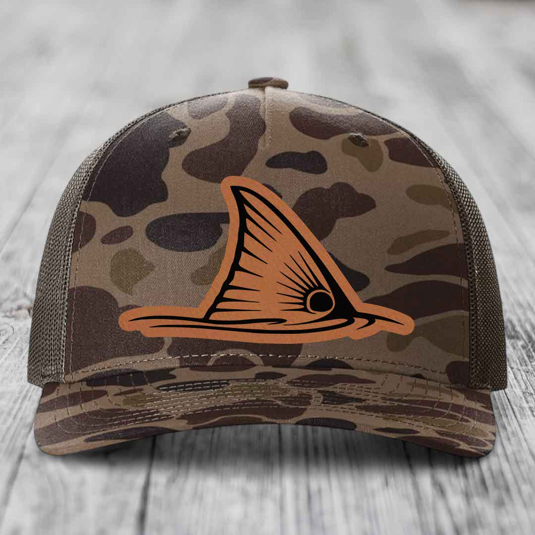 Redfish Tail - Leather Patch Hat - Rawhide to Black Patch - Richardson 112PFP Snapback Trucker Hat