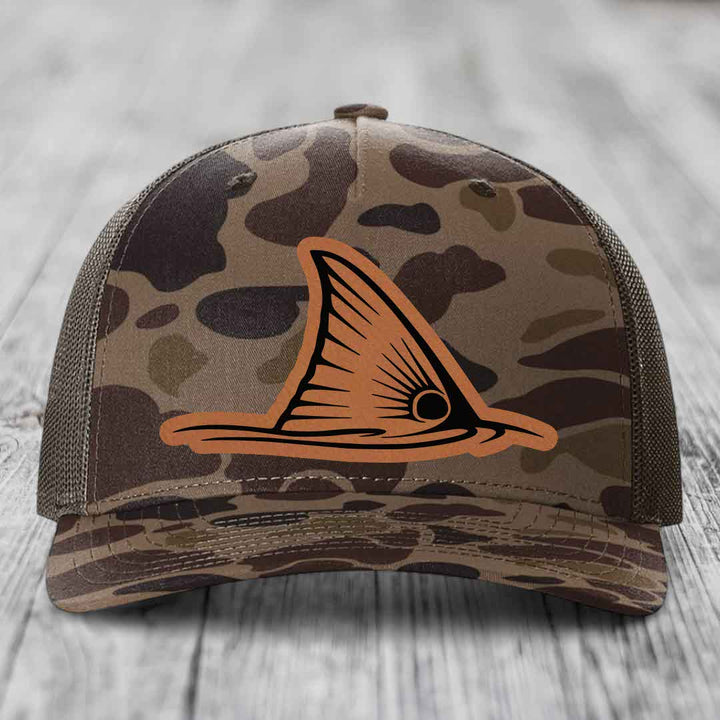 Redfish Tail - Leather Patch Hat - Rawhide to Black Patch - Richardson 112PFP Snapback Trucker Hat