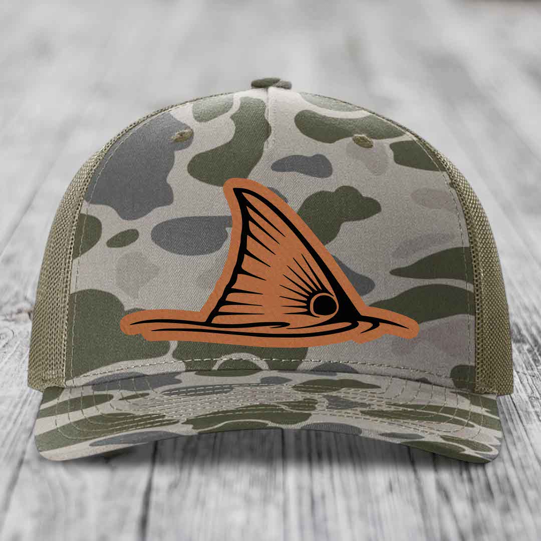 Redfish Tail - Leather Patch Hat - Rawhide to Black Patch - Richardson 112PFP Snapback Trucker Hat