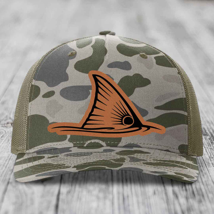 Redfish Tail - Leather Patch Hat - Rawhide to Black Patch - Richardson 112PFP Snapback Trucker Hat