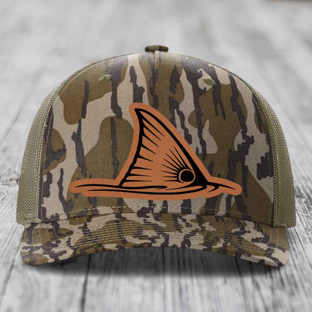 Redfish Tail - Leather Patch Hat - Rawhide to Black Patch - Richardson 112PFP Snapback Trucker Hat