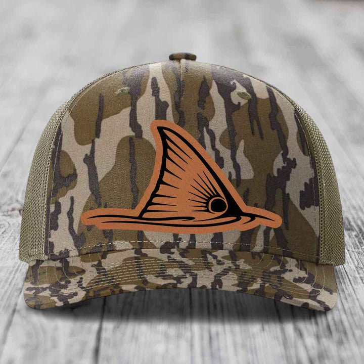 Redfish Tail - Leather Patch Hat - Rawhide to Black Patch - Richardson 112PFP Snapback Trucker Hat