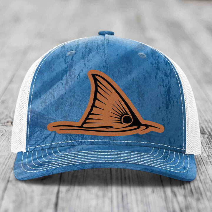 Redfish Tail - Leather Patch Hat - Rawhide to Black Patch - Richardson 112PFP Snapback Trucker Hat