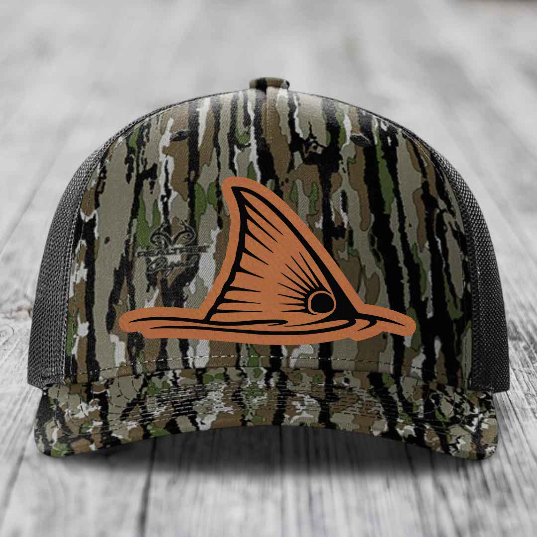 Redfish Tail - Leather Patch Hat - Rawhide to Black Patch - Richardson 112PFP Snapback Trucker Hat