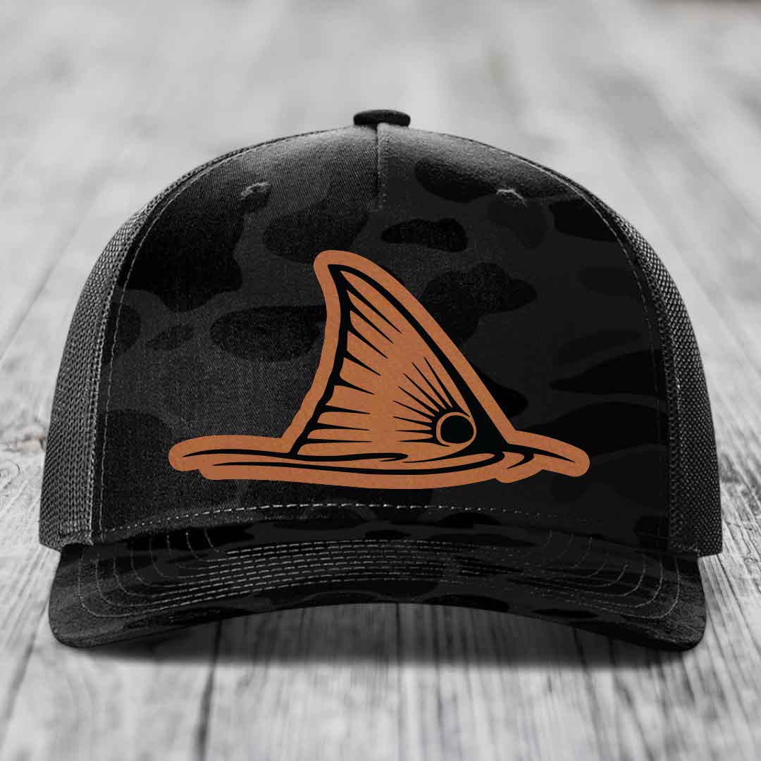 Redfish Tail - Leather Patch Hat - Rawhide to Black Patch - Richardson 112PFP Snapback Trucker Hat
