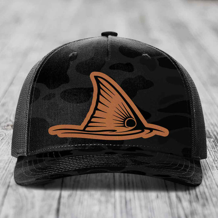 Redfish Tail - Leather Patch Hat - Rawhide to Black Patch - Richardson 112PFP Snapback Trucker Hat