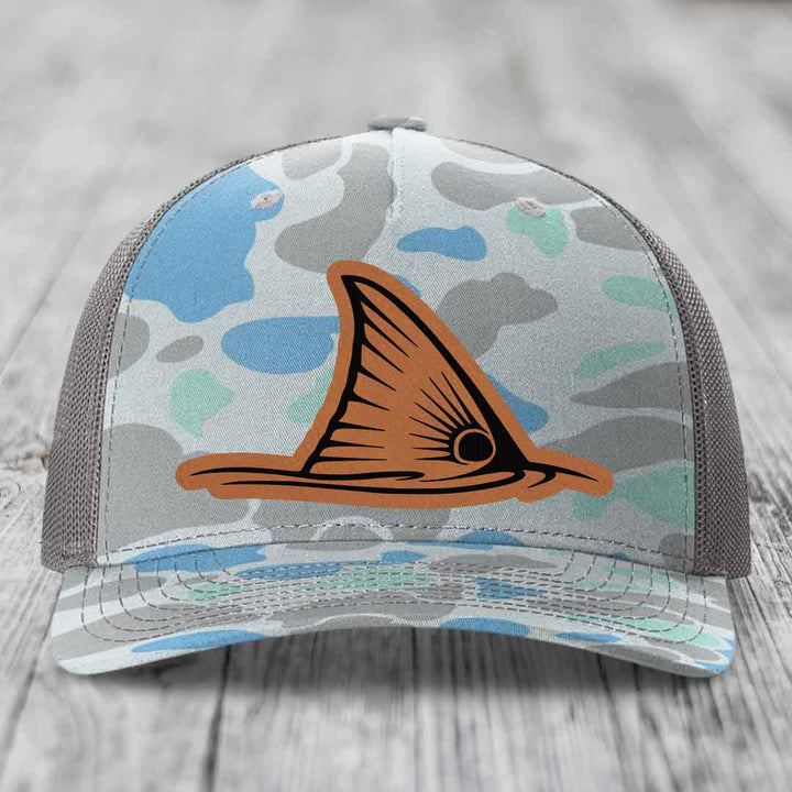 Redfish Tail - Leather Patch Hat - Rawhide to Black Patch - Richardson 112PFP Snapback Trucker Hat
