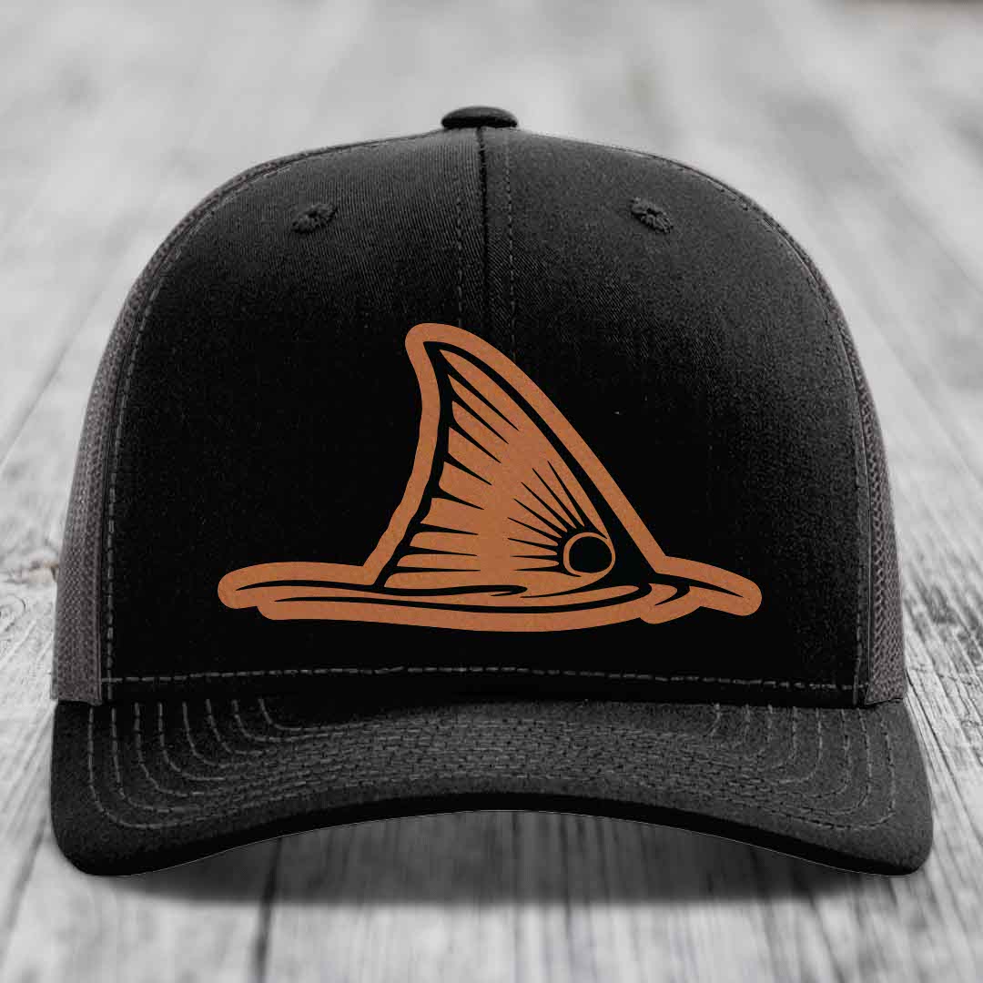 Redfish Tail - Leather Patch Hat - Rawhide to Black Patch - Richardson 112 Snapback Trucker Hat