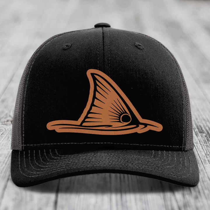 Redfish Tail - Leather Patch Hat - Rawhide to Black Patch - Richardson 112 Snapback Trucker Hat
