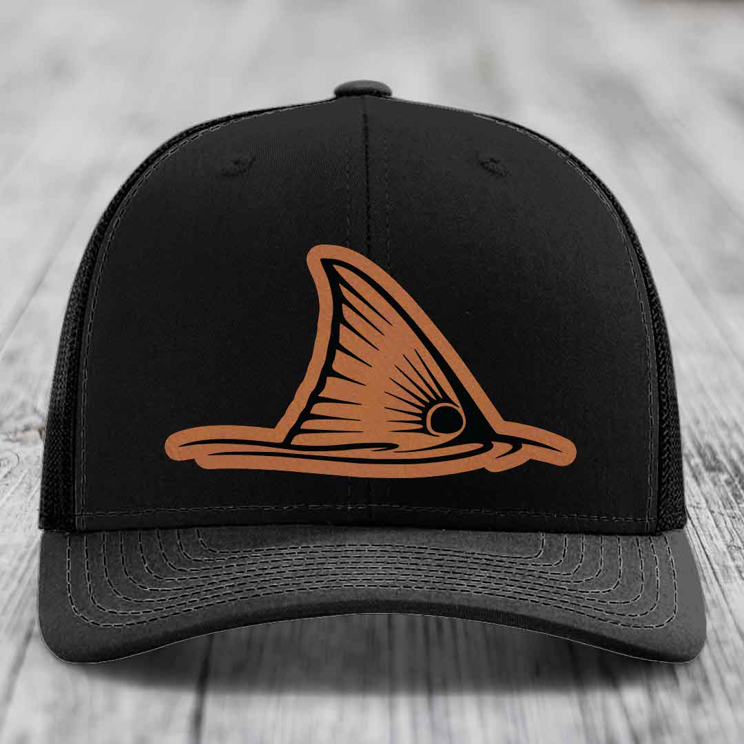 Redfish Tail - Leather Patch Hat - Rawhide to Black Patch - Richardson 112 Snapback Trucker Hat