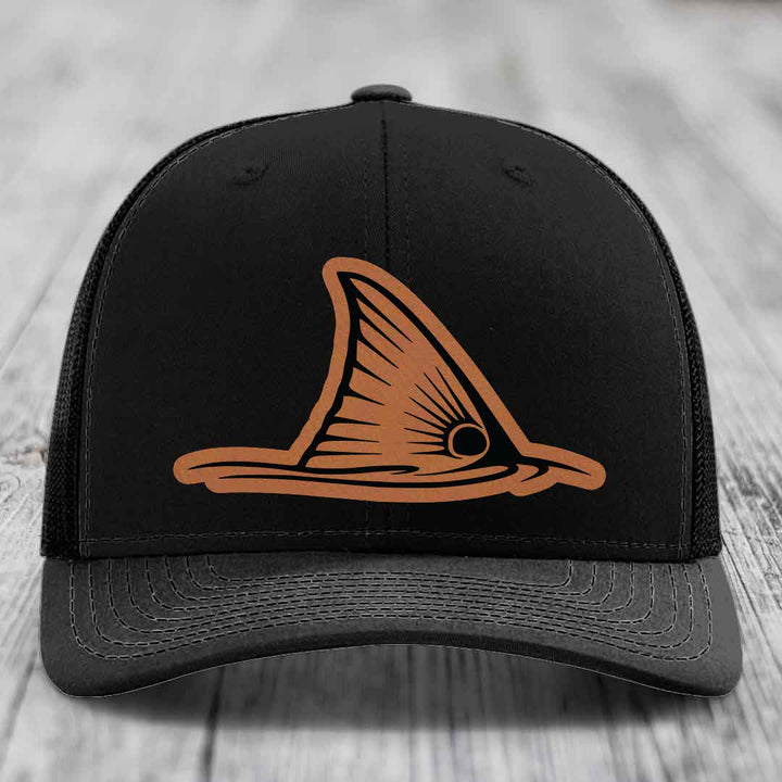 Redfish Tail - Leather Patch Hat - Rawhide to Black Patch - Richardson 112 Snapback Trucker Hat
