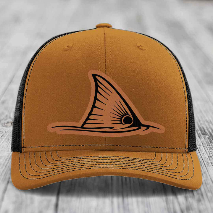 Redfish Tail - Leather Patch Hat - Rawhide to Black Patch - Richardson 112 Snapback Trucker Hat