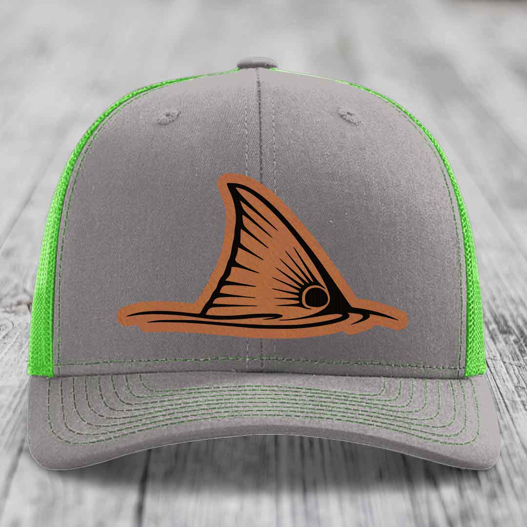 Redfish Tail - Leather Patch Hat - Rawhide to Black Patch - Richardson 112 Snapback Trucker Hat