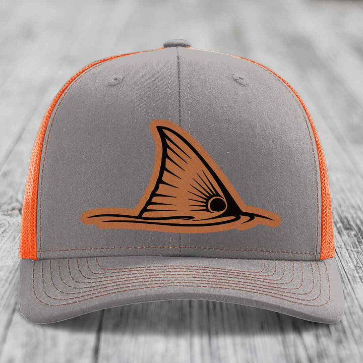 Redfish Tail - Leather Patch Hat - Rawhide to Black Patch - Richardson 112 Snapback Trucker Hat