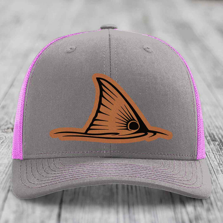 Redfish Tail - Leather Patch Hat - Rawhide to Black Patch - Richardson 112 Snapback Trucker Hat