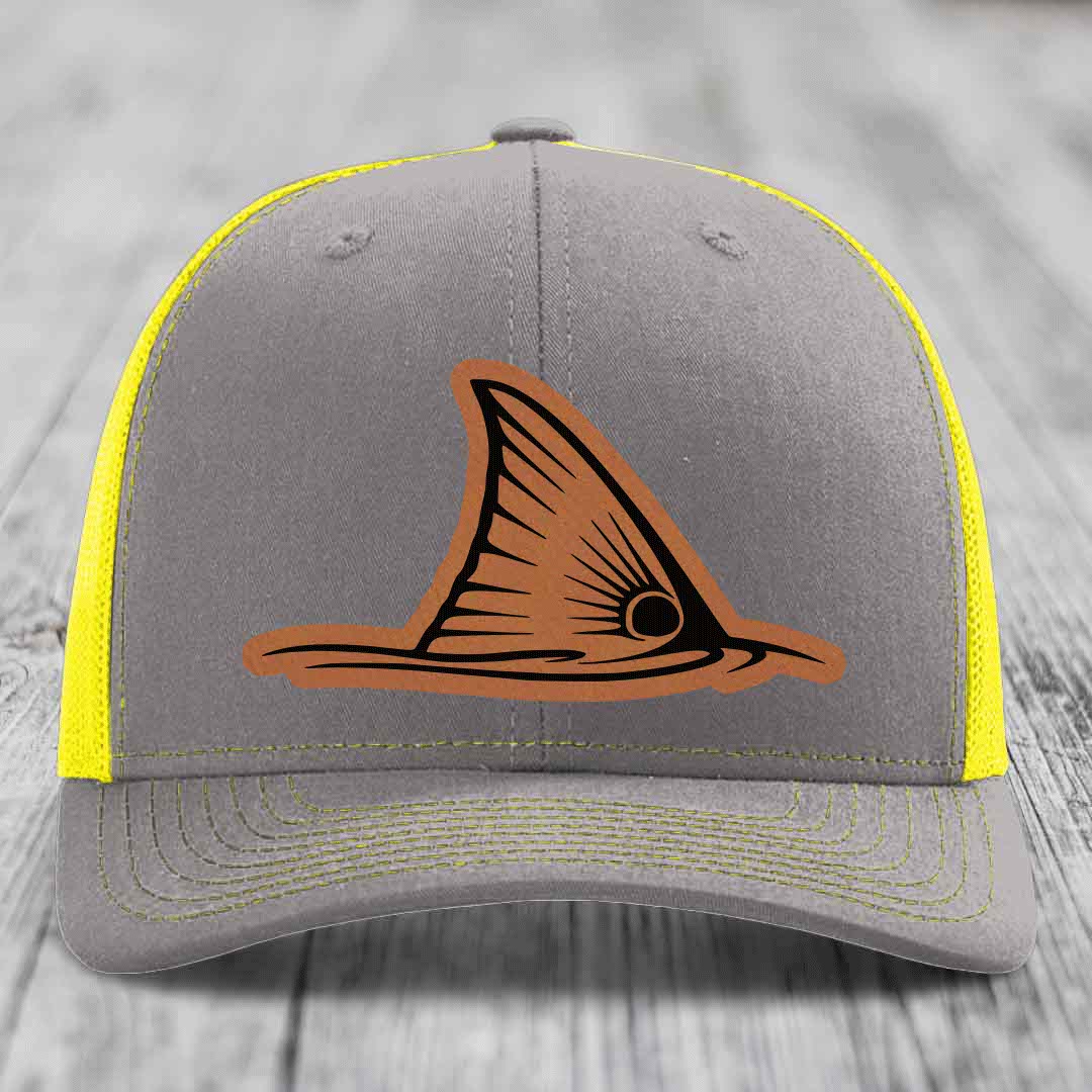 Redfish Tail - Leather Patch Hat - Rawhide to Black Patch - Richardson 112 Snapback Trucker Hat