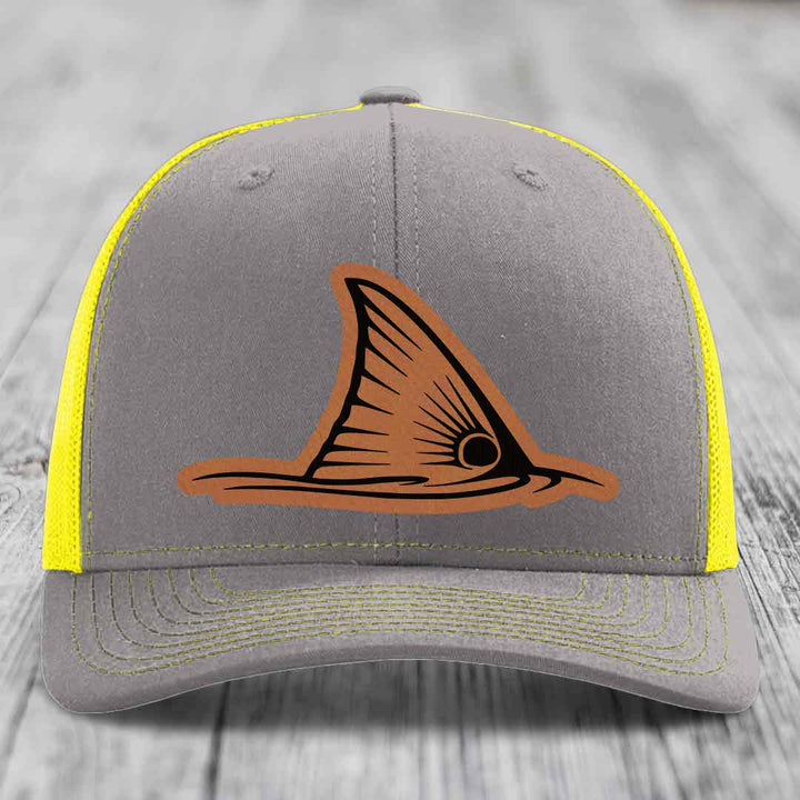Redfish Tail - Leather Patch Hat - Rawhide to Black Patch - Richardson 112 Snapback Trucker Hat