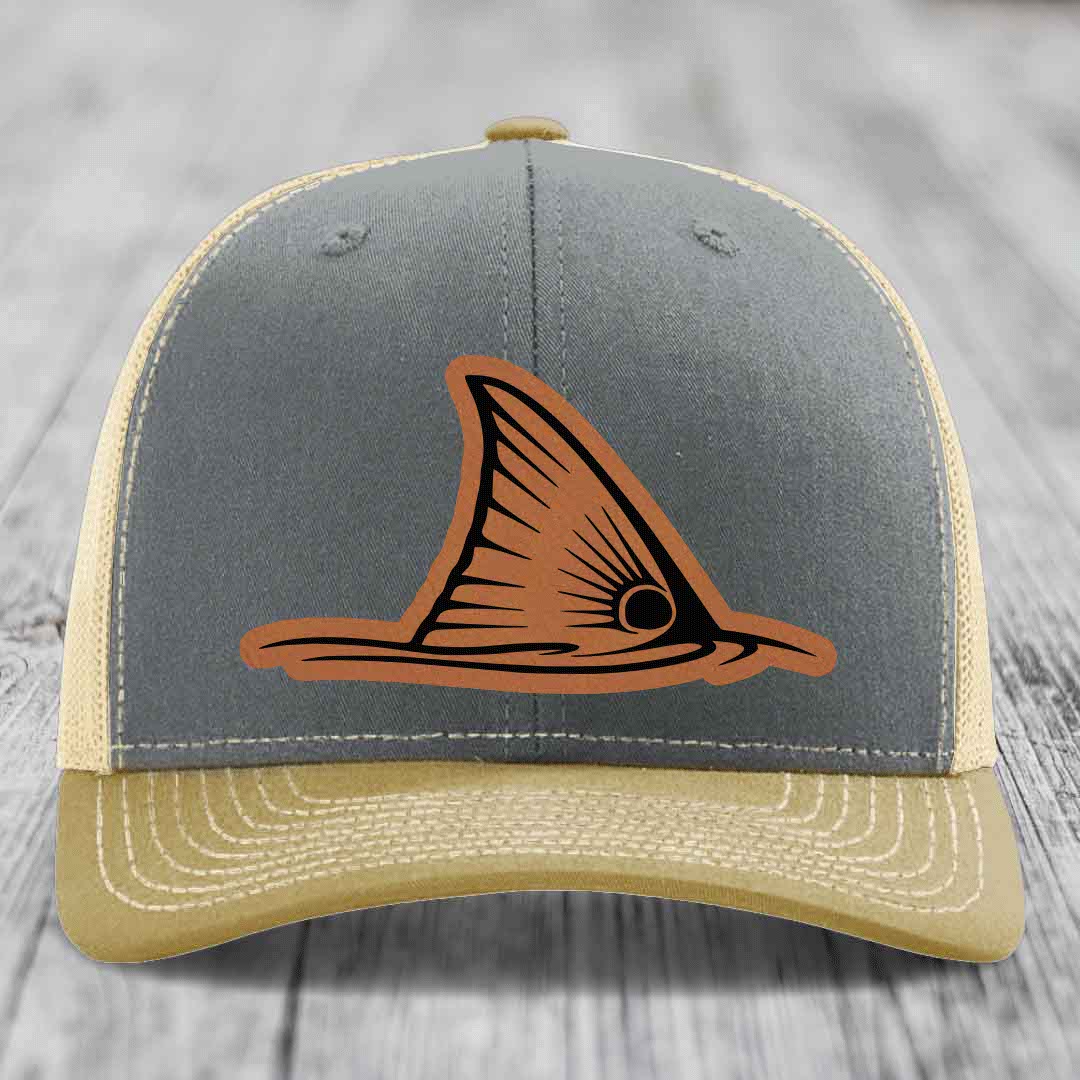 Redfish Tail - Leather Patch Hat - Rawhide to Black Patch - Richardson 112 Snapback Trucker Hat