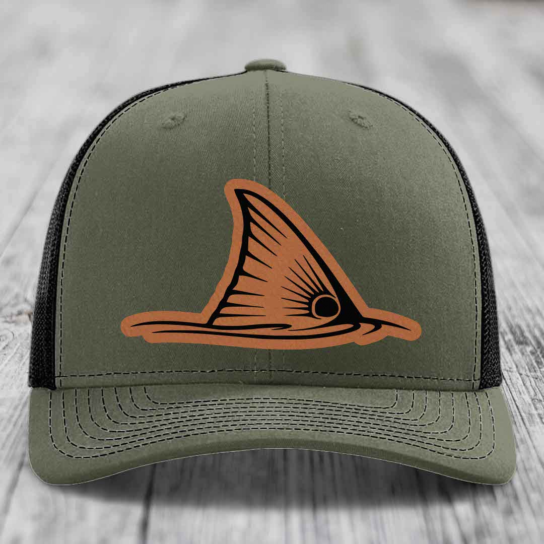 Redfish Tail - Leather Patch Hat - Rawhide to Black Patch - Richardson 112 Snapback Trucker Hat