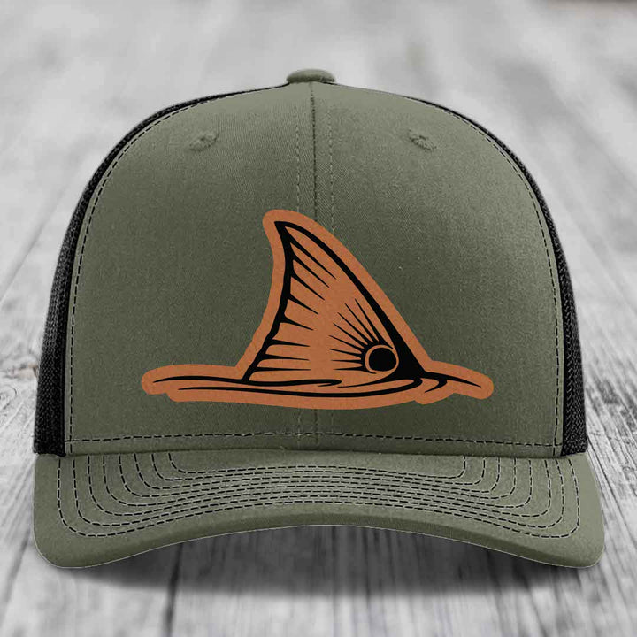 Redfish Tail - Leather Patch Hat - Rawhide to Black Patch - Richardson 112 Snapback Trucker Hat