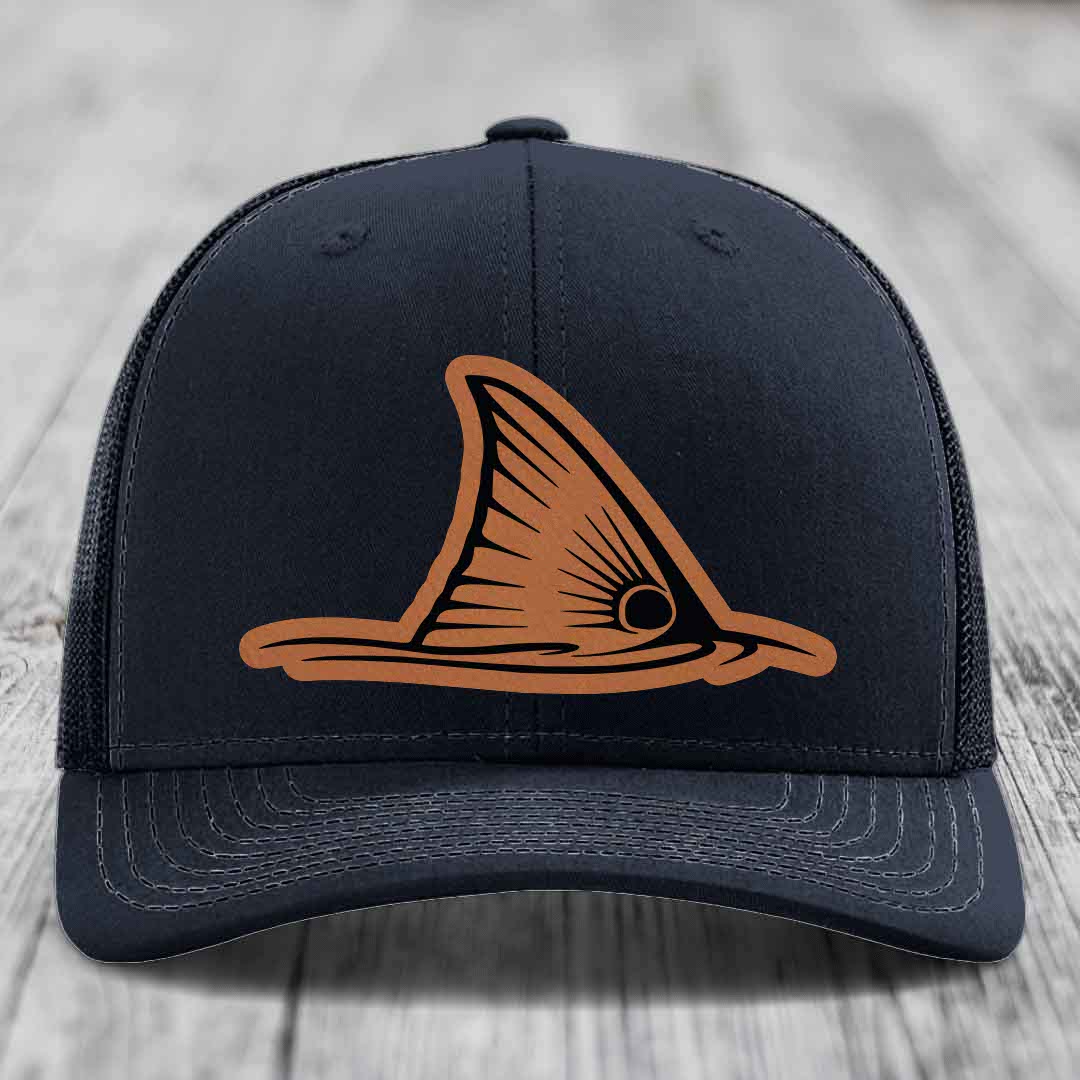 Redfish Tail - Leather Patch Hat - Rawhide to Black Patch - Richardson 112 Snapback Trucker Hat