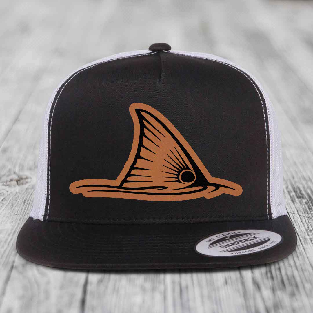 Redfish Tail - Leather Patch Hat - Rawhide to Black Patch - Yupoong 6006 Snapback Flatbill Hat