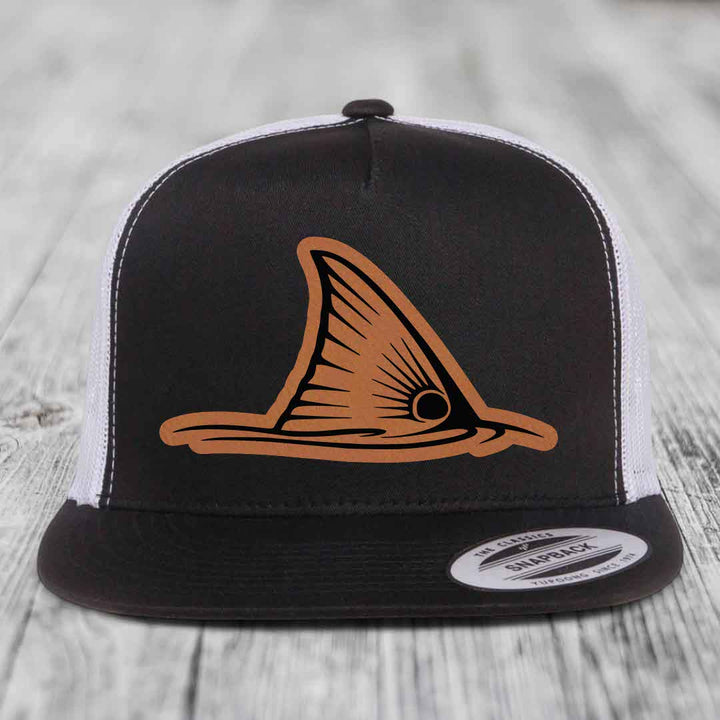 Redfish Tail - Leather Patch Hat - Rawhide to Black Patch - Yupoong 6006 Snapback Flatbill Hat