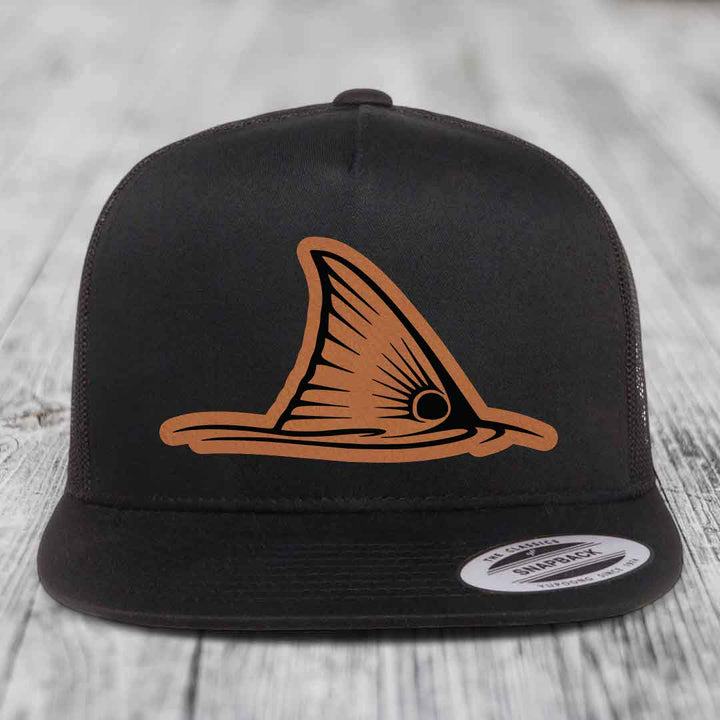 Redfish Tail - Leather Patch Hat - Rawhide to Black Patch - Yupoong 6006 Snapback Flatbill Hat