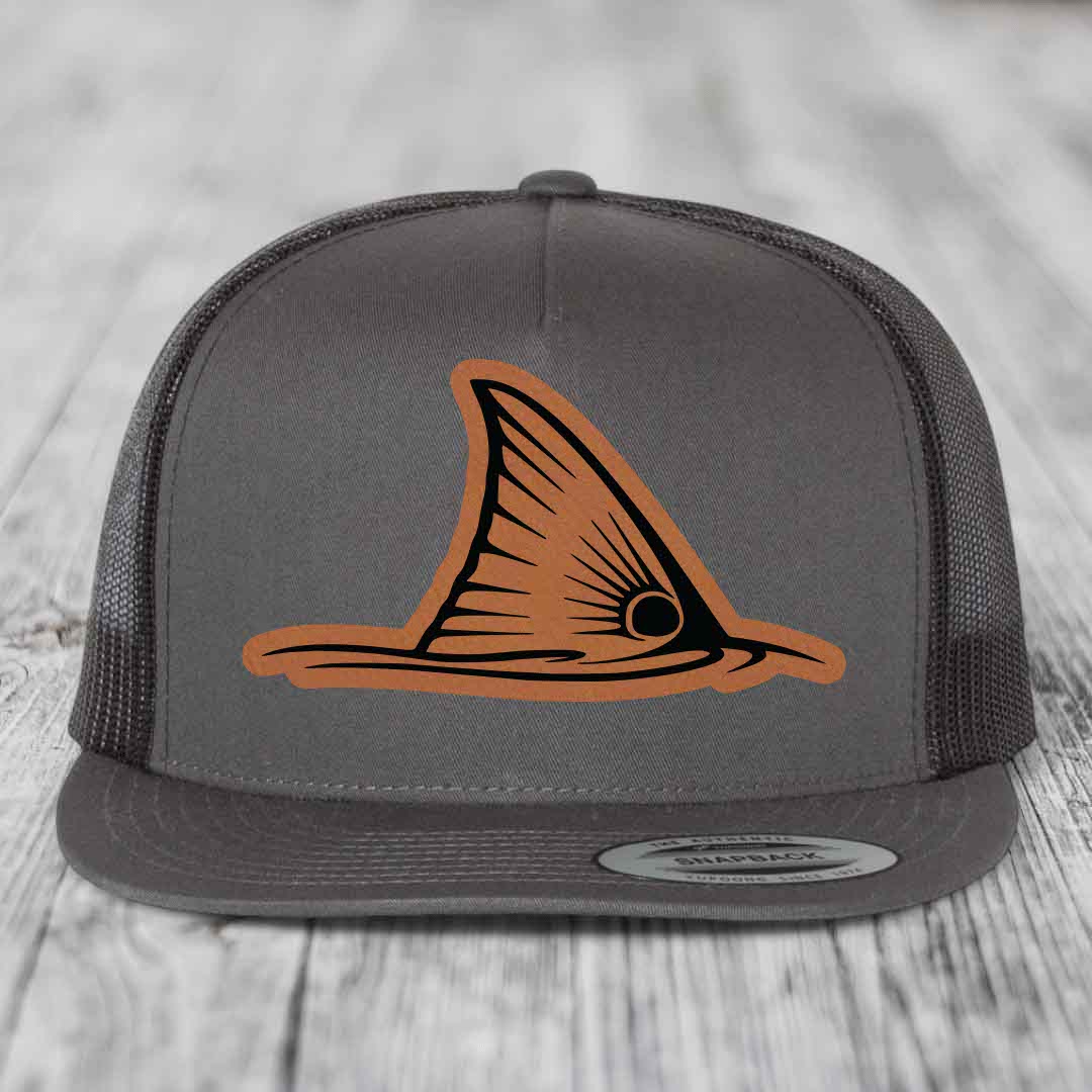 Redfish Tail - Leather Patch Hat - Rawhide to Black Patch - Yupoong 6006 Snapback Flatbill Hat