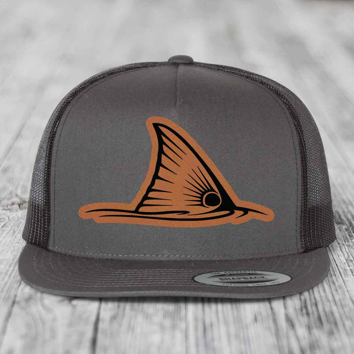 Redfish Tail - Leather Patch Hat - Rawhide to Black Patch - Yupoong 6006 Snapback Flatbill Hat