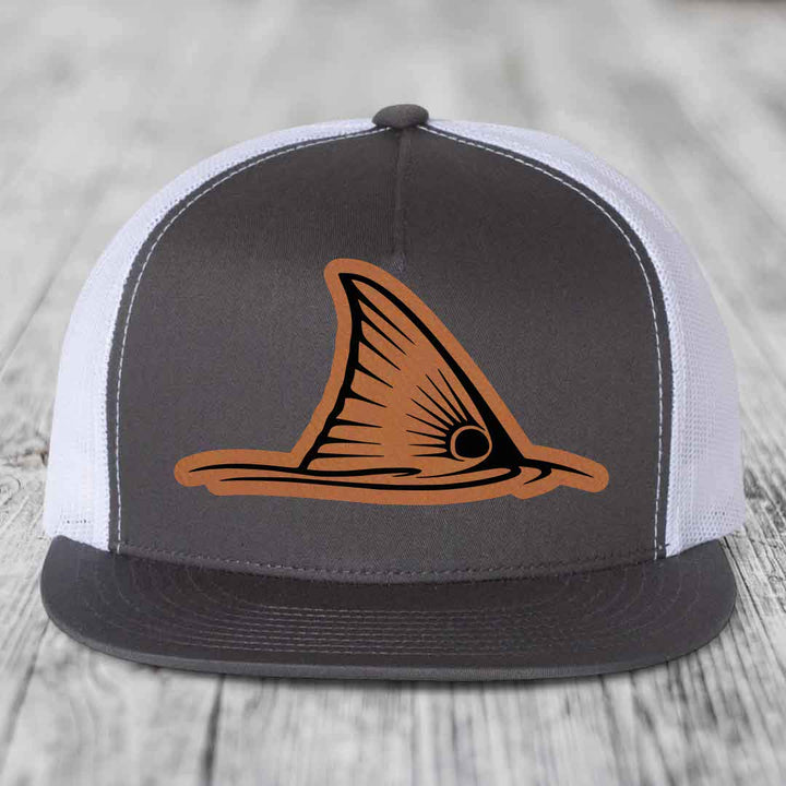 Redfish Tail - Leather Patch Hat - Rawhide to Black Patch - Yupoong 6006 Snapback Flatbill Hat