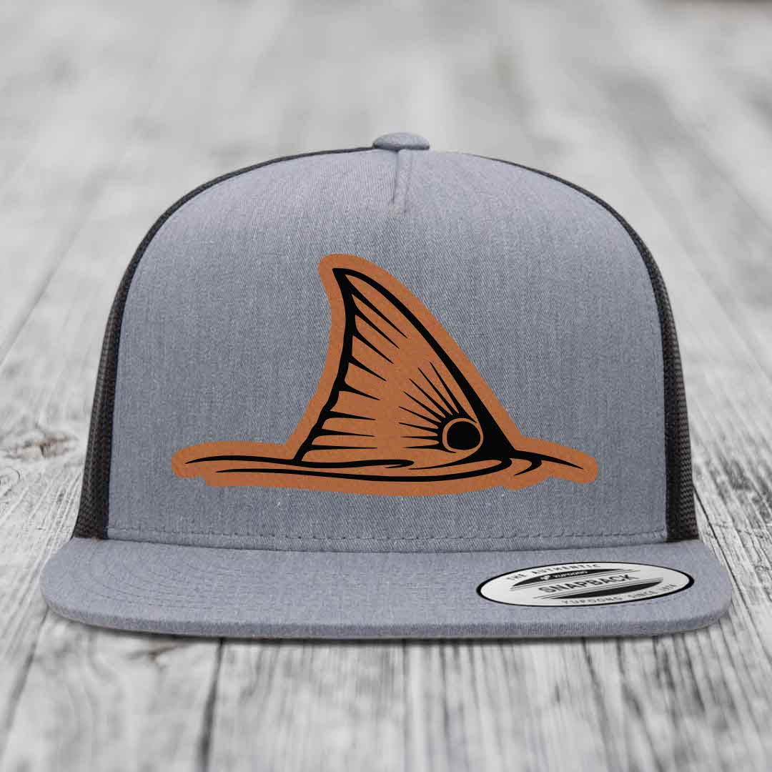 Redfish Tail - Leather Patch Hat - Rawhide to Black Patch - Yupoong 6006 Snapback Flatbill Hat