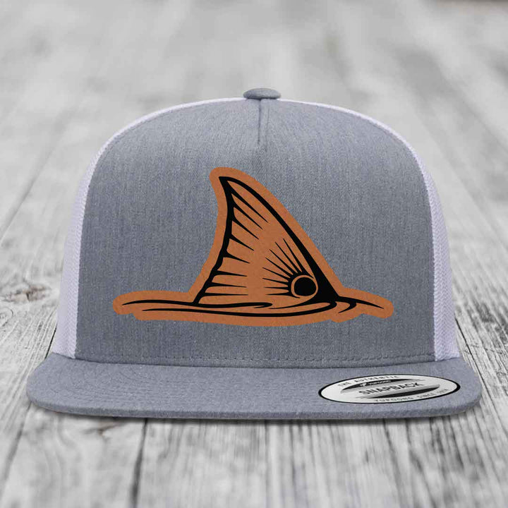 Redfish Tail - Leather Patch Hat - Rawhide to Black Patch - Yupoong 6006 Snapback Flatbill Hat