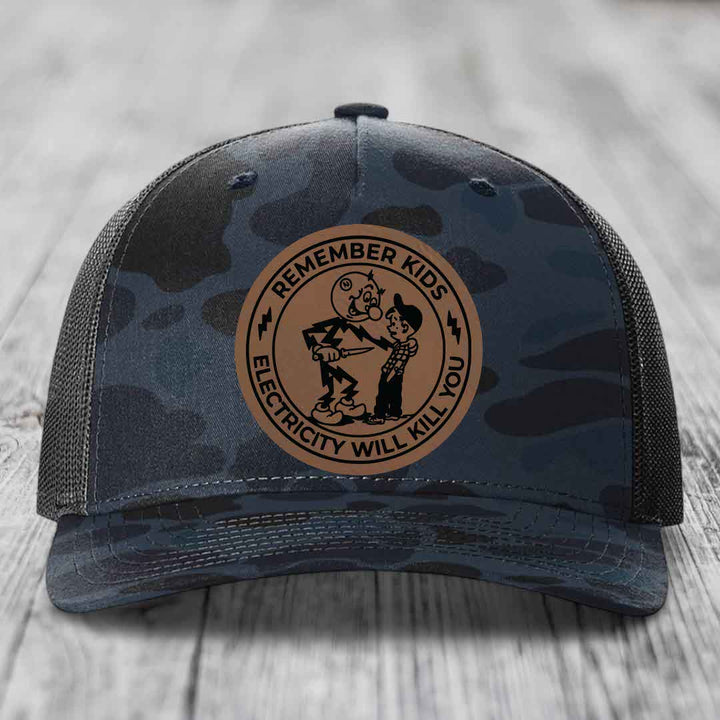 Remember Kids, Electricity Will Kill You - Leather Patch Hat - Dark Brown to Black Patch - Richardson 112PFP Snapback Trucker Hat