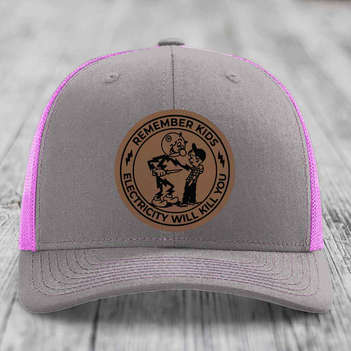 Remember Kids, Electricity Will Kill You - Leather Patch Hat - Dark Brown to Black Patch - Richardson 112 Snapback Trucker Hat