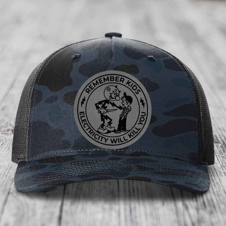 Remember Kids, Electricity Will Kill You - Leather Patch Hat - Grey to Black Patch - Richardson 112PFP Snapback Trucker Hat