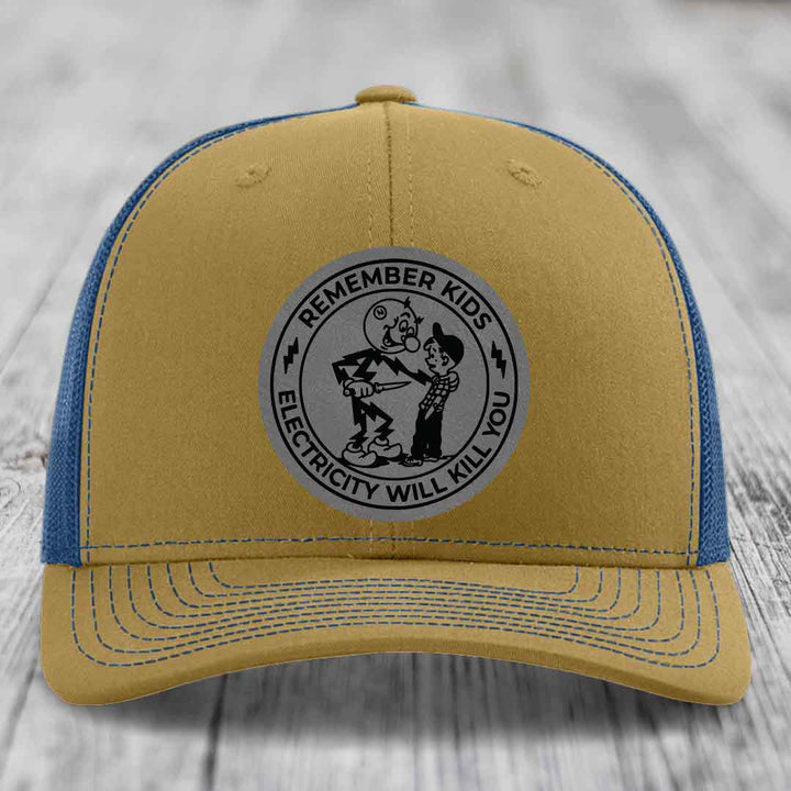 Remember Kids, Electricity Will Kill You - Leather Patch Hat - Grey to Black Patch - Richardson 112 Snapback Trucker Hat