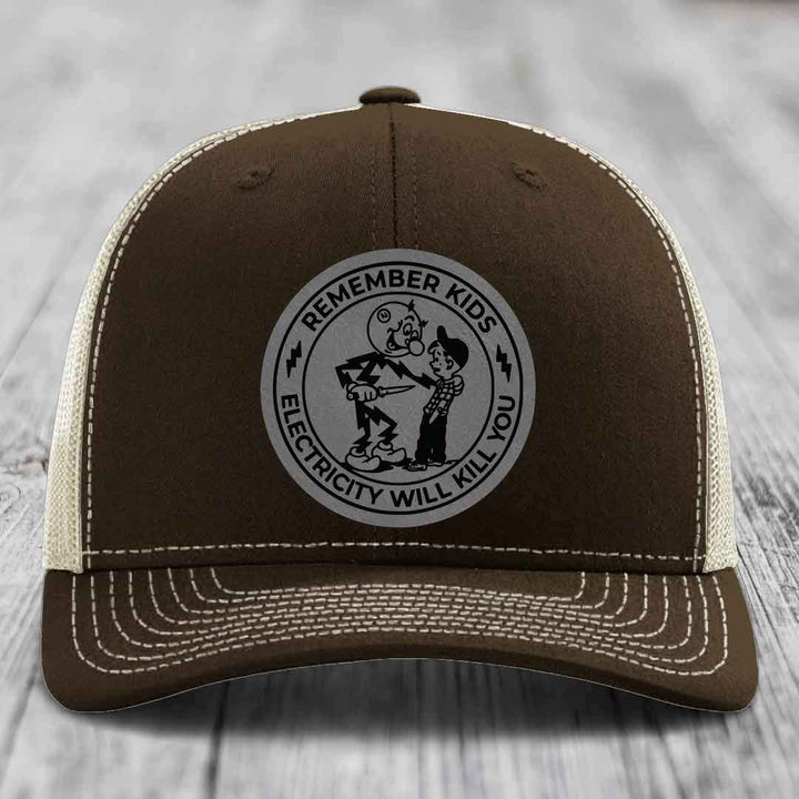 Remember Kids, Electricity Will Kill You - Leather Patch Hat - Grey to Black Patch - Richardson 112 Snapback Trucker Hat