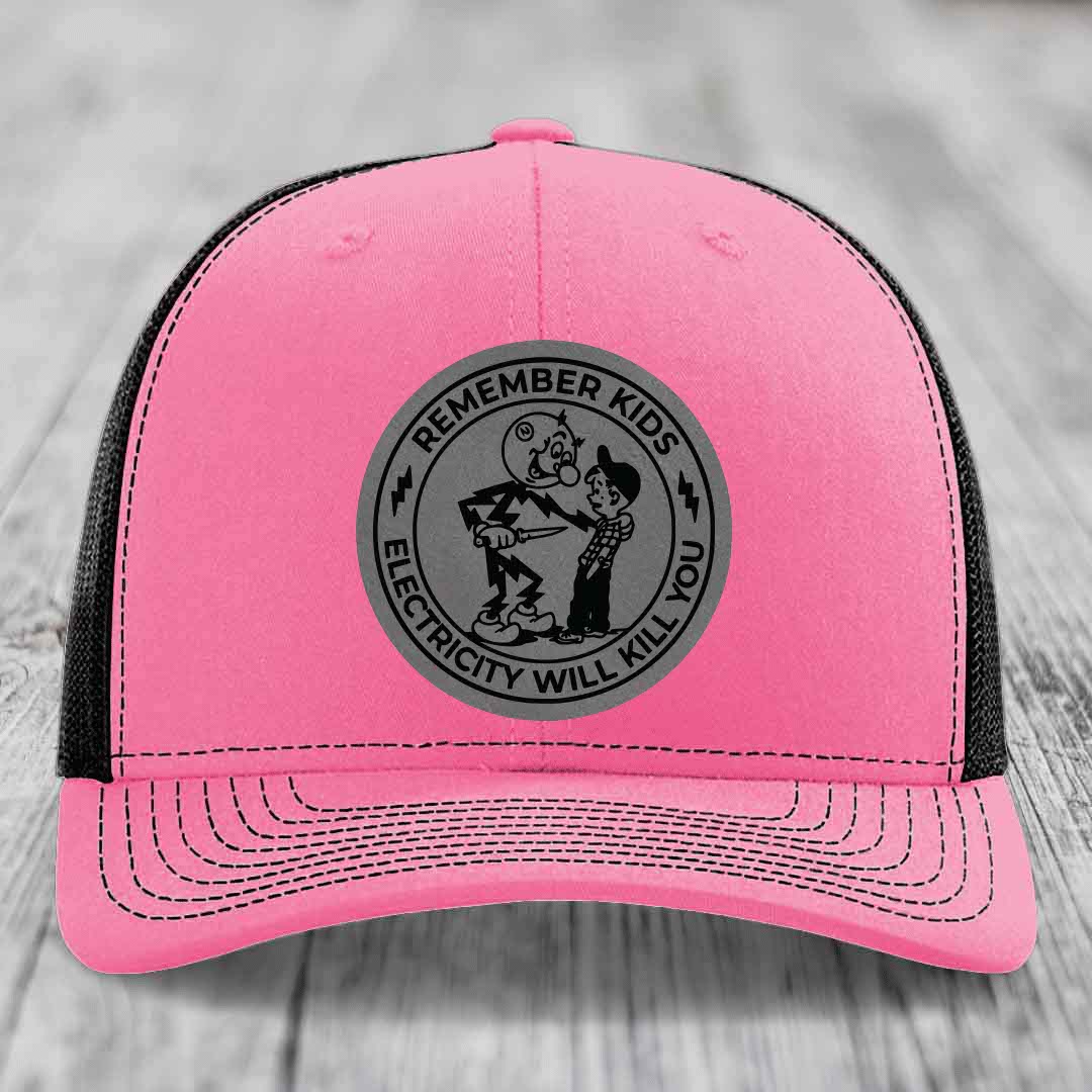Remember Kids, Electricity Will Kill You - Leather Patch Hat - Grey to Black Patch - Richardson 112 Snapback Trucker Hat