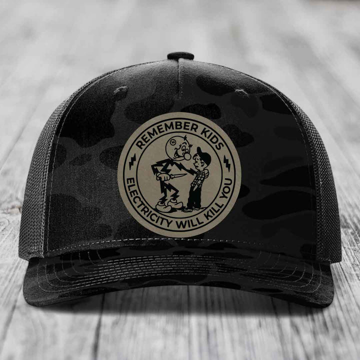 Remember Kids, Electricity Will Kill You - Leather Patch Hat - Light Brown to Black Patch - Richardson 112PFP Snapback Trucker Hat