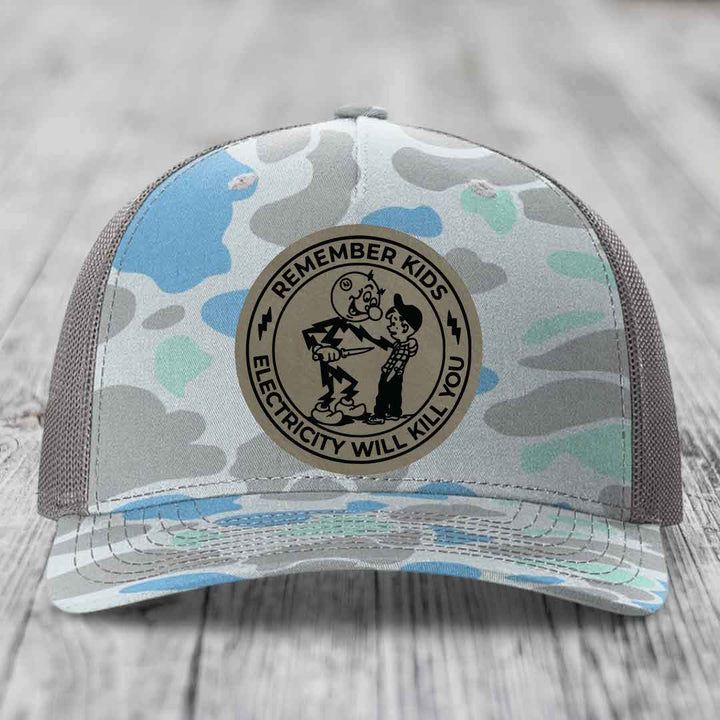 Remember Kids, Electricity Will Kill You - Leather Patch Hat - Light Brown to Black Patch - Richardson 112PFP Snapback Trucker Hat